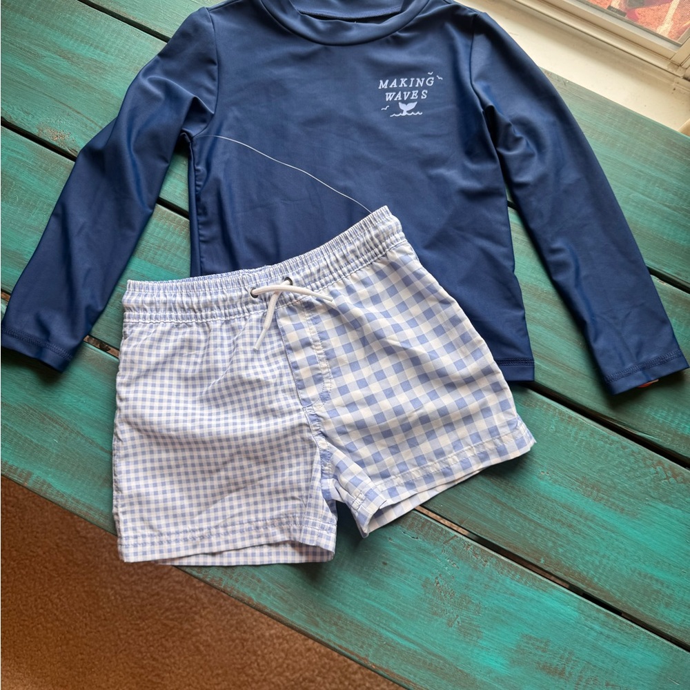 Carter's Navy Rashguard with Light Blue Gingham Swim Shorts